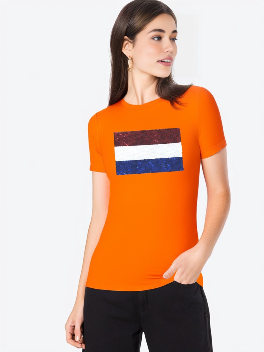Dames Slim fit T-shirt Nederlandse vlag met magic sequence | koningsdag kleding| Holland | EK-WK-Olympische Spelen | Oranje | maat XXS/164